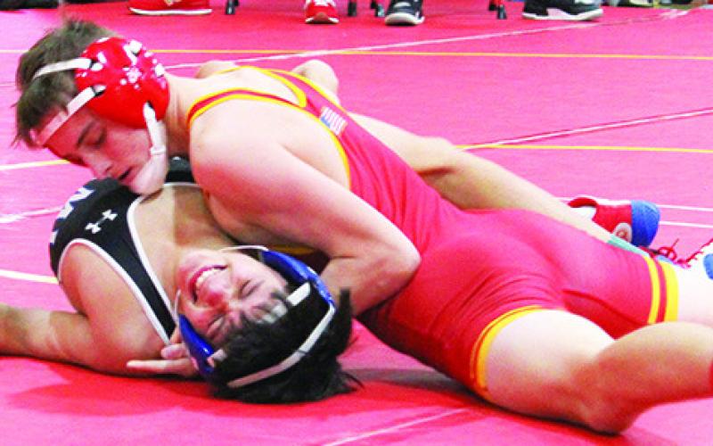 Korbyn Newberry, Titan Junior, won all five dual matches, including a forfeit, in Saturday’s Columbus Duals at the high school gymnasium.