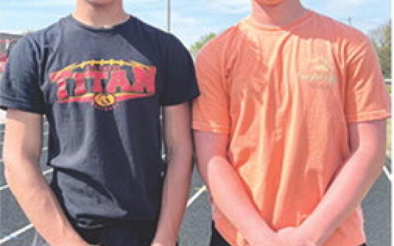 Columbus Junior High Eighth Graders, Jayden Dohle and Jace Gaither continued to dominate on the track and field for the junior Titans at the Riverton Invitational Meet, April 10. The record setting duo have won their events in the first three meets of the year and set new school records in the 400 Meter Dash, the Shot Put, and the Discus. Riverton results can found on Page 6 of today’s News-Report. Courtesy photo.