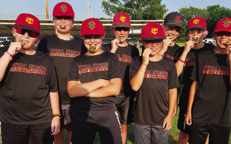Vital Signs is the Columbus Cal Ripken 12U Major League third place team. Team members received their medals at the leagues closing ceremony, June 27, on Volunteer Field at the Community Field Ballpark. Team members present are: Julien Miller, Kannon Roberts, Braxton Melton, Denver Hughes, Evan Walters, Paxton Schalk, Elijah Shoemaker, and Cord Saporito. Coaches for the team are Clint Saporito and Dan Walters. Gunner Garrett was unable to attend the ceremony. Courtesy photo.