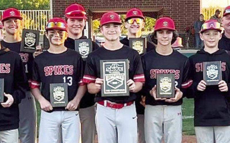 The SEK Spikes 14U Baseball Team, based out of Baxter Springs, won their division at the Seventh Annual Joe Pat Skye Memorial Tournament held at the Field of Dreams Complex in Baxter Springs. Team members and coaches are: Nolan Commons, Coach Arthur Commons, Logan Abbott, Braydon Wade, Grady Roller, Brooks Walker, Ben Major, Isaiah Main, Jantzen Hart, Grant Humphrey, Coach Orion Roller, Bradley Wade, and Coach Jason Walker. Courtesy Photo.