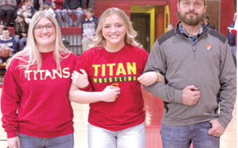 Lady Titan Senior, Emily Britt, was recognized during Senior Night Ceremonies, February 21, at the Columbus Unified High School Gymnasium. Emily is a four-year member of the Lady Titan Wrestling Team. She was escorted by her parents, Kimberly and Carl Britt.