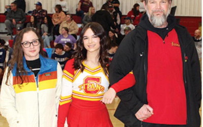Lady Titan Senior, Allison Burns, was recognized during Senior Night Ceremonies, February 21, at the Columbus Unified High School Gymnasium. Allison is a one-year member of both the CUHS Basketball and Wrestling Cheer Squads. She was escorted by her parents, Amanda and Blake Burns.