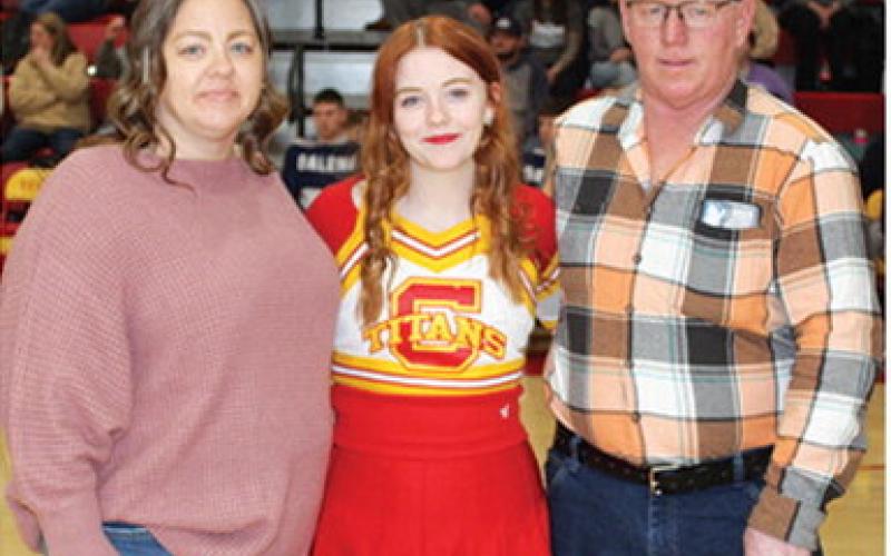 Lady Titan Senior, Hannah Johnson, was recognized during Senior Night Ceremonies, February 21, at the Columbus Unified High School Gymnasium. Hannah is a one-year member of the CUHS Basketball Cheer Squad. She was escorted by her parents, Suzette Hunt and Pete Johnson.