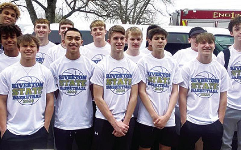 Members of the Riverton Ram Kansas Class 3A Sub-State Champion Basketball Team headed to Hutchinson, Tuesday, for the Kansas Class 3A State Tournament and their quarterfinal match-up with third seeded, Goodland (20-3). Riverton lost their opening round contest, 46-68, Wednesday, in Hutchinson. This was the Rams first trip back to the 3A State Tourney since their 2015 appearance when the eighth ranked Riverton Squad lost to the number one seed, Sabetha, 46-50, in the quarterfinal game. (Courtesy Photo.)