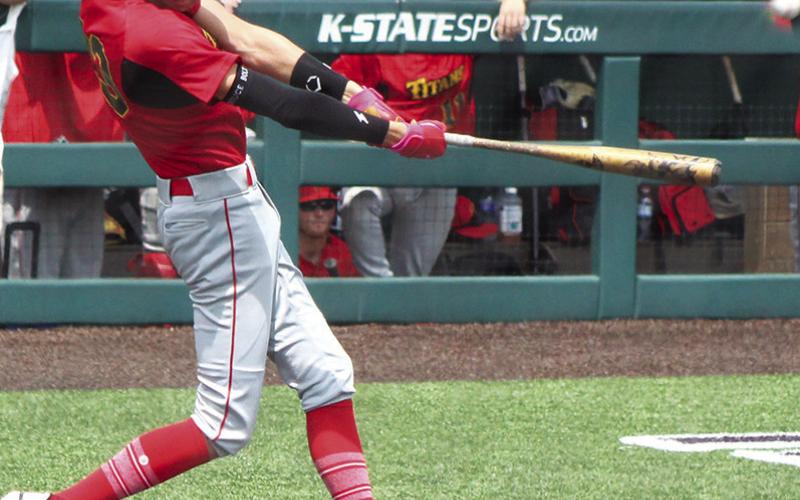 Titan Senior, Kolt Ungeheuer, crushes a two-run home run, in the bottom of the third inning to cut the deficit, 2-4, in the Kansas Class 3A State Baseball Quarterfinal win over Kansas City-Bishop Ward. Kolt also had a single, a walk, two stolen bases and three runs scored in addition to the game winning catch for the final out in the 9-8 win.