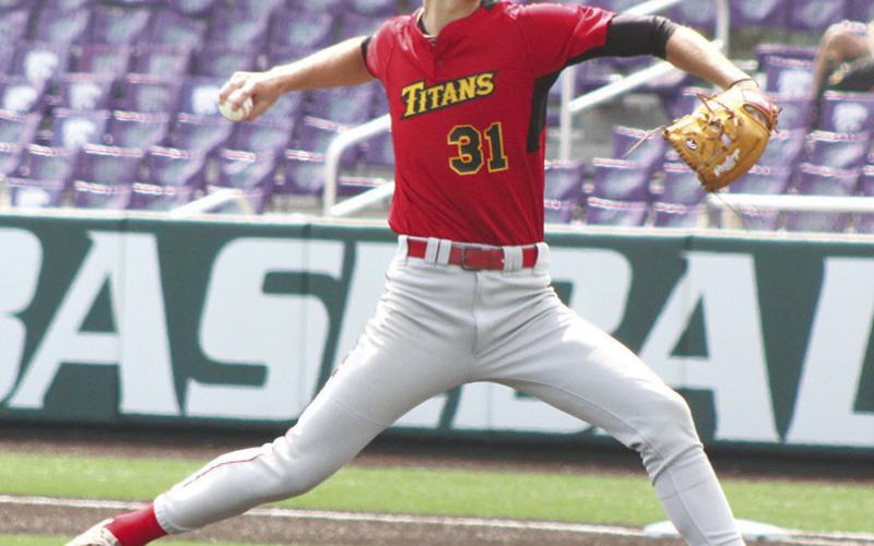 Columbus Senior, Seth Stover, got the win on the mound for the Titans in their Kansas Class 3A State Baseball Quarterfinal win, 9-8, over Kansas City-Bishop Ward, Thursday, at Kansas State Univertiy’s Tointon Family Stadium in Manhattan.