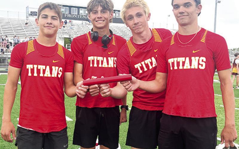 The Columbus Eighth Grade Relay Team of Blaze Bowman, Cord Saporito, Elijah Shoemaker, and Hayden Kellogg completed their junior high career by stamping their names in the record books twice during the final, CCC Junior League Track and Field Meet, April 30, at Frontenac. Courtesy photo.