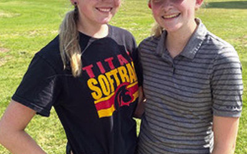 Mallory Thompson (right) finished ahead of Reese Grundy (left) in the 15 and over division of the Columbus Junior Golf post-clinic tournament, held May 31 at Brush Creek Golf Course. Columbus will host the older divisions, Thursday. Courtesy photo.