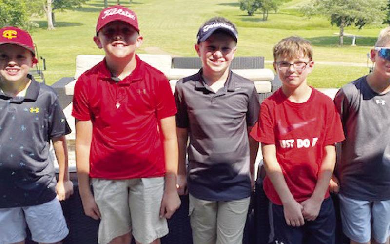Members of the Columbus Junior Golf Program participating in the post-clinic tournament in the boys 9-10 age division in order of finish are: Jase Mooney, Trevor Lacen (not pictured), Kasen Sallee and Jake Wary tied for third, Tanner Thompson, and Jaxon Harper. The tournament was held at the Brush Creek Golf Course. The 6-10 age groups will be in Oswego, Thursday, for their first travel tournament. Courtesy photo.