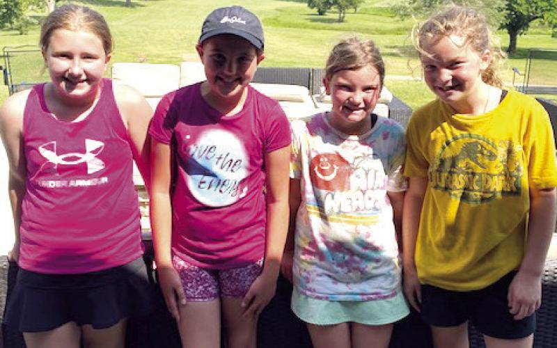 The Columbus Junior Golf Girls 9-11 Division had four participants in the May 31, post-clinic tournament at the Brush Creek Golf Course. The order of finish is Lyndee Smiley, Alaina Smiley, Cami Carpino, and Evelyn Smith for the group. The Junior Lady Titans, 6-11, will be in Oswego for the first travel tournament of the summer league. Courtesy photo.