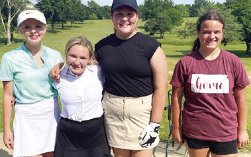The Columbus Junior Golf Program held their post-clinic tournament, May 31, at the Brush Creek Golf Course. In the girls 12-14 division, the order of finish is Cali Carpino, Amory Neely, Fallon Smiley, and Jaiden Campbell. The Lady Titans will hit the links Thursday for the first travel tournament of the summer season, hosting the event on their home course for players 11 and over. Courtesy photo.
