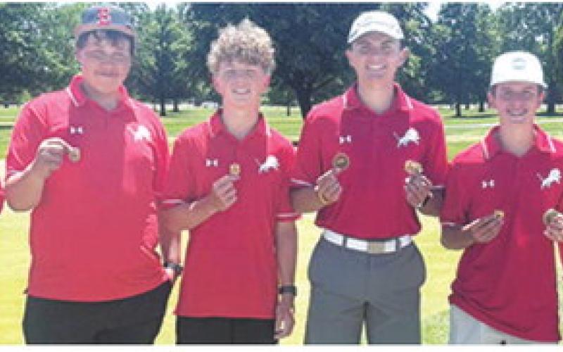 The Baxter Springs Lions Golf Team won the CNC League Tournament finale at the Schifferdecker Golf Course, in Joplin, Mo. Team members are: Nait Roberts, Dason VonMoss, Ethan McCoy, Cole Parrish, Colt McCoy, and Landon Atkinson. The Lions’ four-man total of 331 edged St. Mary’s-Colgan team score of 336. Courtesy photo.