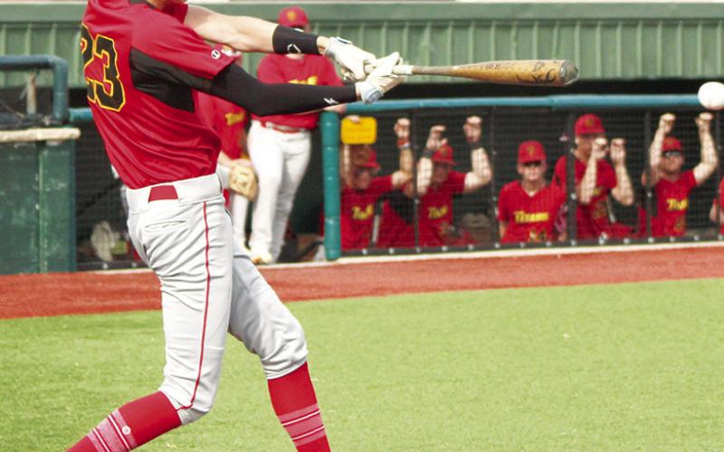 Columbus Titan Designated Hitter, Kolt Ungeheuer, senior, sent his first hit of the night over the center field fence for a three-run home run, May 24, in the 112, 13-3 sweep of the St. Mary’s-Colgan Panthers at Pittsburg’s Jaycee Ballpark.