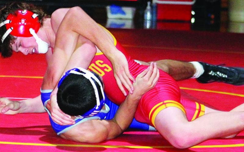 Freshman, Shade Schuberger, earned a win by 5-0 decision in the home dual against the Pittsburg Purple Dragons at the CUHS Gymnasium. Pittsburg earned the dual win, 44-20, over the Columbus Titans.