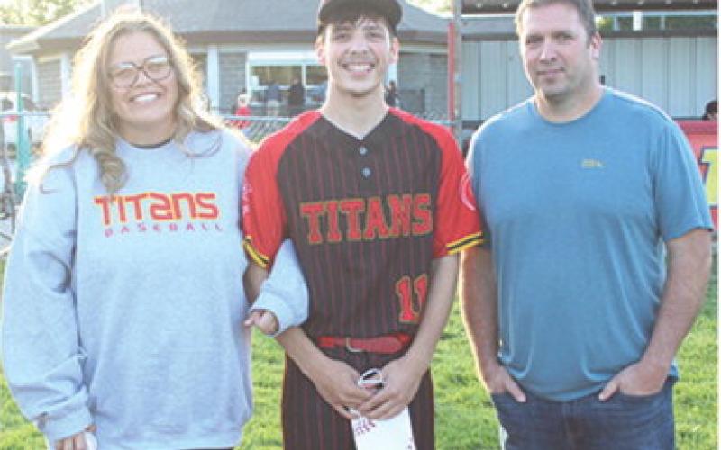 Titan Senior Julien Basuari was recognized during Senior Night recognition, Friday, at Bomber Field. Julien has been a member of the Titan Baseball Team for one year. He was escorted by his parents Misty and Justin Smith.