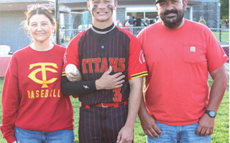 Titan Senior Jayden Rodriguez was recognized during Senior Night recognition, Friday, at Bomber Field. Jayden has been a member of the Titan Baseball Team for four years. He was escorted by his parents Amanda and Kevin Rodriguez.