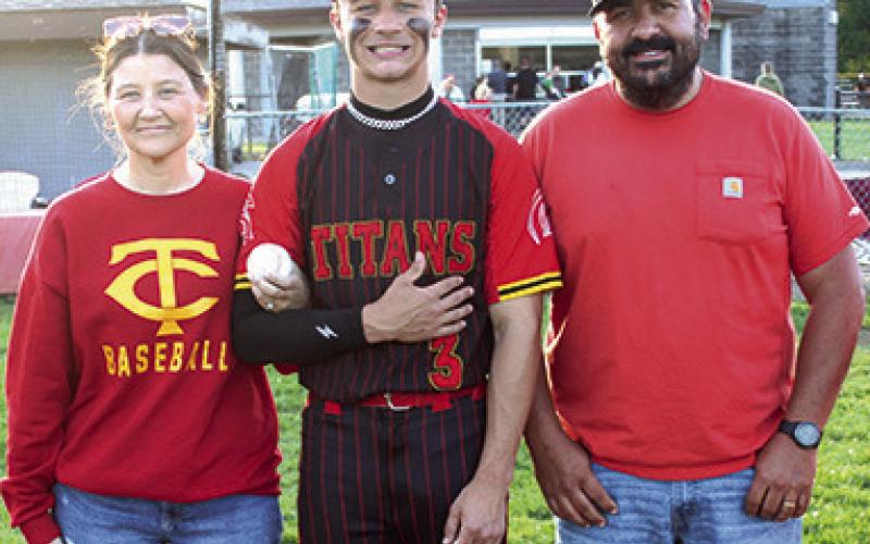 Titan Senior Jett Tamer was recognized during Senior Night recognition, Friday, at Bomber Field. Jett has been a member of the Titan Baseball Team for four years. He was escorted by his parents, Ashley and Jerad Tanner.