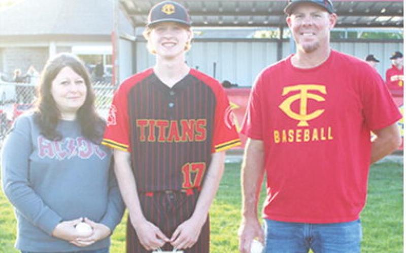 Titan Senior Carter Delmont was recognized during Senior Night recognition, Friday, at Bomber Field. Hunter has been a member of the Titan Baseball Team for three years. He was escorted by his parents Kambie Dainty and Josh Delmont.