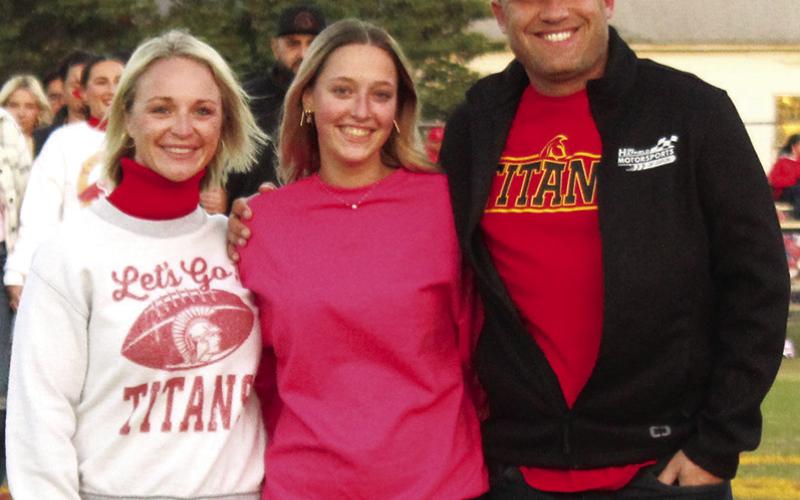 Lady Titan Senior, Lia Dufraisse, was recognized on Senior Night at Titan Stadium, October 13. Lia was manager for the Lady Titan Volleyball Team for one year. She was escorted by her host parents, Bailie and Jacob Saiz. Her parents are Oliver Dufraisse and Sylvaine Ebely.