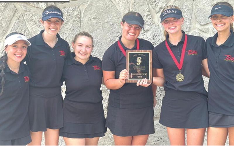 The CUHS Lady Titan Golf Team placed second in an 11-team tournament in Carl Junction, Missouri, Monday. Columbus outpaced nine of the ten Missouri Teams on their way to runner-up behind Carthage, Mo. in the 18-hole tournament at Briarbrook Country Club. Team members are: Hannah Noel, Natalie Wary, Amory Neely, Fallon Smiley, Cali Carpino, and Addison Johnson. Courtesy photo.