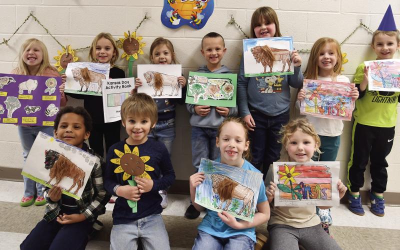 Kindergarten classes created art pieces in recognition of Kansas Day. Sunflowers and buffalo were among the popular subjects.