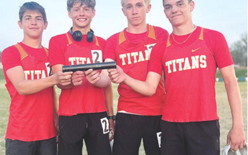 The Columbus Eighth Grade Relay Team set a new school record at the 2026 Galena Middle School Invitational Track and Field Meet, Tuesday. The team of Blaze Bowman, Cord Saporito, Elijah Shoemaker, and Hayden Kellogg completed the 4x400 Meter Race in a time of 4:01.31 minutes. Courtesy photo.