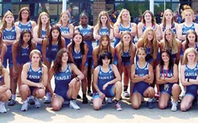 Ladies on the Team Kansas squad gather outside the Fargodome in North Dakota during the 2023 USA Wrestling USMC Junior National Tournament. Former Lady Titan, Addison Saporito, is a member of Team Kansas for the third consecutive year. Courtesy Photo.