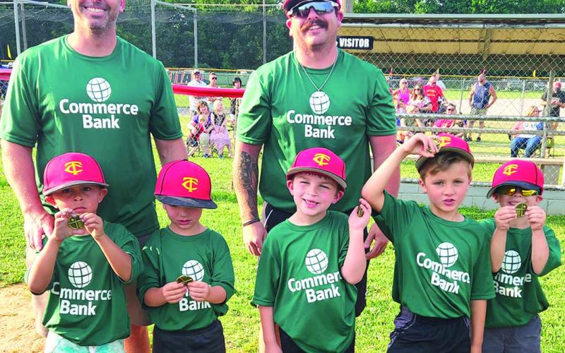 The Commerce Bank, Columbus Cal Ripken T-Ball Team participated in the league’s closing ceremonies. Participation medals were given to all t-ball players including Parker Dainty, Rhett Tedlock, Grayson Davis, Sawyer Studebaker, and James Cupp. Coaches for the team are David Dainty and Jaden Tedlock. Team members not present for the ceremony are Ollie Bole, Jordy Foster, and Ezrah Crozier. Courtesy Photo.