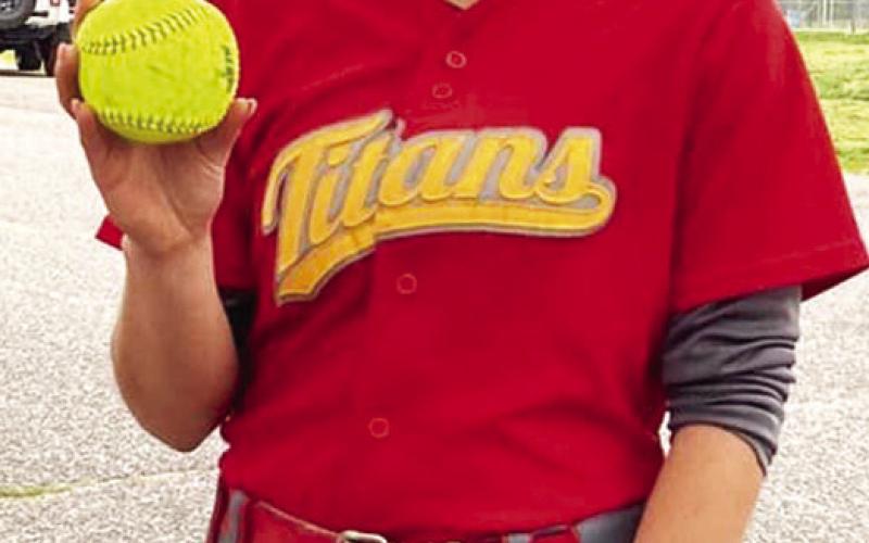 Lady Titan Senior, Aubree Saporito, pitched a nohitter, Monday, in a shut out, 15-0, win at Pittsburg against St. Mary’s-Colgan. In the three-inning, runrule, game, Aubree threw seven strike outs with no walks and no hits facing ten batters. The Crowder College signee has seven wins in eight starts with a 2.355 ERA. Courtesy Photo.