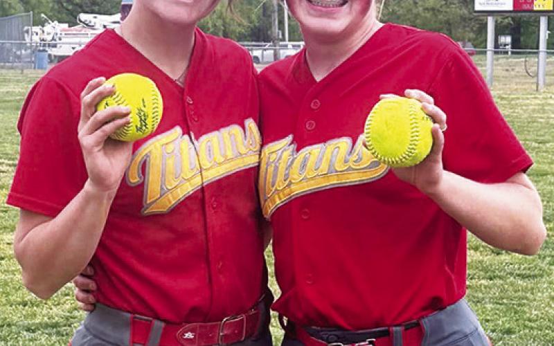 Katie Simpson, junior, smacked two home runs in the first game and one in the second game of the shut out, sweep, over St. Mary’s-Colgan, Monday, in Pittsburg. Junior, Graci Major, knocked one out of the park in the first game. Courtesy Photo.