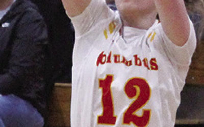 Lady Titan Senior, Ava Harman, shoots for three in the 41-51, Senior Night loss to Frontenac, Tuesday, at the Columbus Unified High School Gymnasium. The game was the regular season finale for the team.
