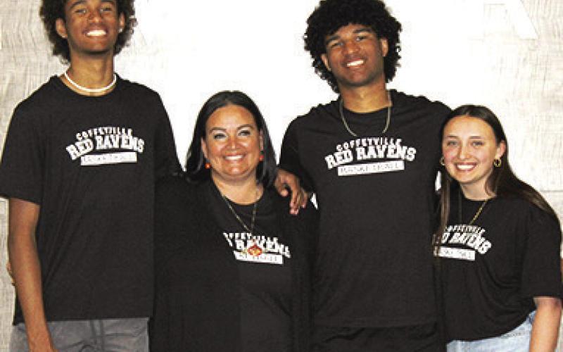 Jamey Richardson, Riverton Ram Senior, has signed a letter to continue his basketball career at Coffeyville Community College this fall. Jamey’s family, Terryk Richardson, Jennifer Edwards, and girlfriend, Laibrey Higinbotham were present at the recent signing at Riverton High School. Courtesy Photo.