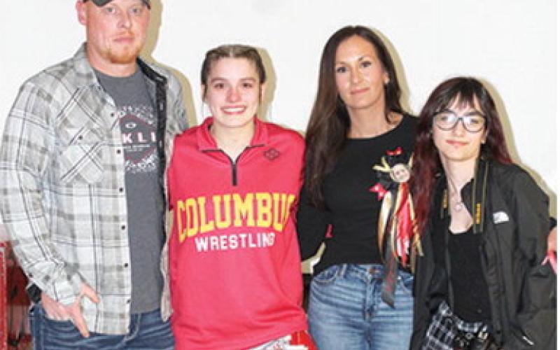 Senior, Brooklyn Collingsworth, was recognized as the lone senior for the Lady Titan Wrestling Team, Thursday, prior to her win by fall in her final match on the mats at the CUHS Gymnasium. Brooklyn’s parents, Zach and Mandy Collingsworth and sister, Bayleigh were present the dual against Chanute.