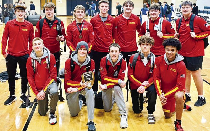 The Columbus Titan Wrestlers traveled to West Bentonville High School in Arkansas, Saturday and came home the runner-up of the 15-team, multi-state tournament. Team members are back row: Shade Schubeger, Chase Pelt, Braun Stone, Dane Merrick, Mason O’Banion, Kash Smith, and Kaden Rowe (injured). Front row: Carlson Britt, Cal Saporito, Denver Hughes, Wyatt Pool, and Kai Langerot. Courtesy photo.