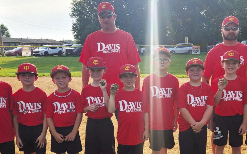 Members of the Davis Real Estate 8U Coach Pitch Team collected their third place medals at the Columbus Cal Ripken League Closing Ceremony, June 27, at the Community Field Ball Park. Team members include Gus Garrison, Kayson Kessinger, Baylor Bowman, Connor Crain, Luke Bell, Kolt Carter, Kasey Rowe, Colt Crain, and Brady Hale. Coaches for the team are Craig Hale and JJ Carter. Coach Shawn Rowe and players David Gilliam and Kamden Sallee were not present for the ceremony. Courtesy Photo.