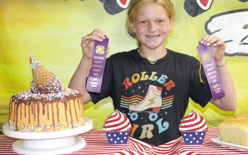 Showing her purple ribbons, Adley Hess made a creatively decorated cake. It looks as if an ice cream cone is melting down the sides, creating the icing.