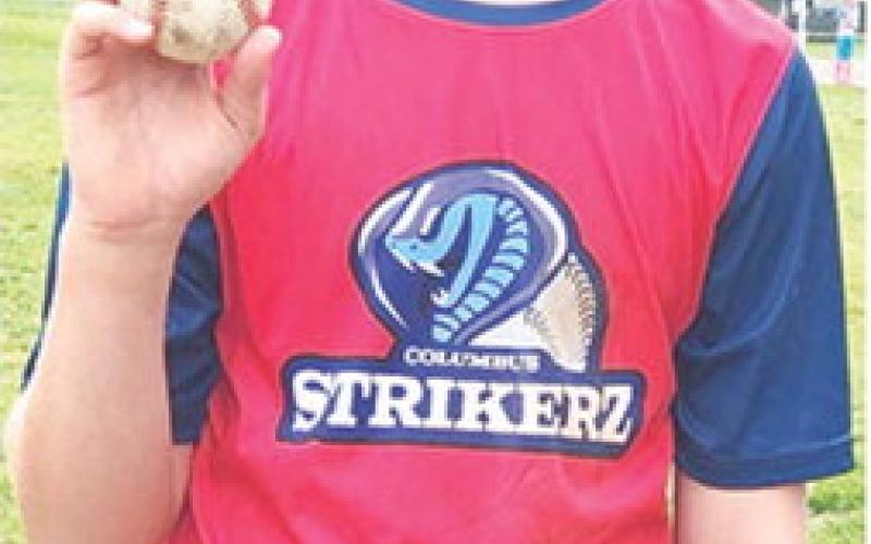 John Parsons, a member of the 12 and under, Columbus Strikerz Baseball Team hit a home run during the Chad Saporito Summer Classic Baseball Tournament, Saturday, at the Community Field Ball Park. Shortly after the bomb, the games were called due to rain. Field conditions forced the 12U and 14U brackets of the tournament to be cancelled. Courtesy photo.