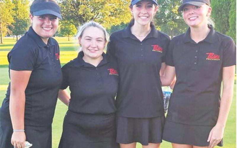 Four Columbus Lady Titans finished in the top ten at the Galena Invitational Golf Tournament to capture the team title at the Schifferdecker Golf Course, Thursday. Right to left, freshmen, Cali Carpino secured her second win of the week to pace the Lady Titans with a round of 82 on the 18-hole, par 71 course. Natalie Wary, junior, placed fifth, Amory Neely, junior, was ninth, and freshman, Fallon Smiley, placed tenth in the field of 35 golfers and a team score of 396 for the win. Courtesy photo.