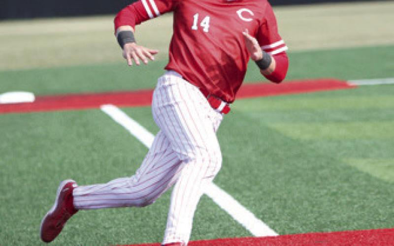Landin Midgett running bases in March 1 double header Win over Hutchinson Blue Dragons. Courtesy photo.