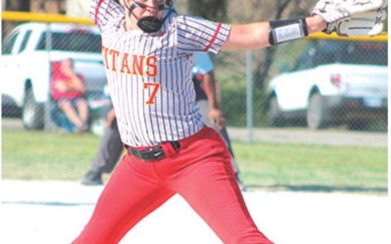 Lady Titan Senior, Morgan Richards, in action in the circle for the Columbus Varsity Squad at Rockette Field in the Community Field Ball Park. Richards carries the bulk of the load for the Lady Titans this season as the state playoffs loom ahead in mid May.
