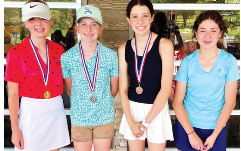 Columbus Lady Golfers, Calli Carpino and Natalie Wary placed first and third in the 12-14 age group at the Columbus Junior Golf Tournament, Thursday. Avery Sells, Coffeyville placed second and Lovie Cosby, Chanute was fourth. Additional Columbus Golfers in the division are Jaiden Campbell who placed seventh and Fallon Smiley who finished in eighth place. Courtesy photo.