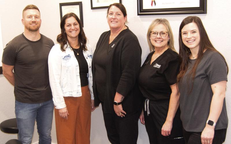 The Riggs team attending the new office opening included Dr. Tyler and Dr. Kyla Riggs, Dr. Bailey Titus-Raikestraw, Sarah Gonzales and Angela Price. Riggs Chiropractic also has offices in Pittsburg and Ft. Scott.