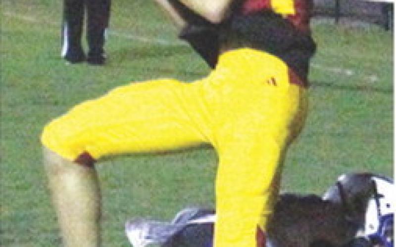 Titan Sophomore, Jonas Stover, came down with one of his three pass receptions in the end zone for the lone touchdown for Columbus in the 7-20 homecoming loss to Neodesha, Friday, at Titan Stadium. Senior, Jett Tanner, threw the pass from eight yards out.