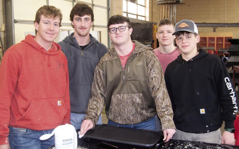 Future Farmers of America members (not in order) Chase Pelt, Syler Schuberger, Owen Roberts, Jett Tanner and Kyler were working clean up detail at the annual FFA breakfast.