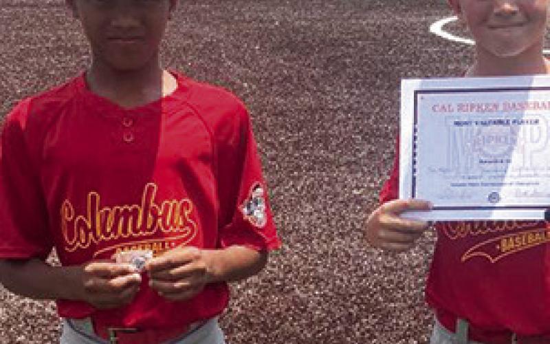 Kai Davis received the WOW Award and Jase Mooney was named MVP in the Kansas Cal Ripken 10U State Tournament, Game 2, at Frontenac, Saturday. The Columbus All-Stars fell to Parsons 23-1 in the noon game. Courtesy Photo.