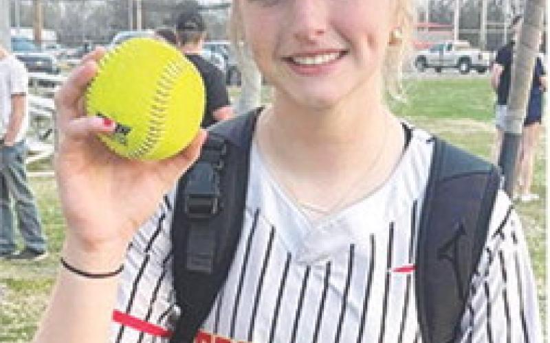 Lady Titan Sophomore, Landrey Perry, hit the first home run of the season for the Columbus Junior Varsity Team in the first inning against Prairie View, March 27, at the Columbus Community Ballpark. Landrey had two singles, a double and a walk in the two-game sweep over the Lady Buffalo. Courtesy photo.