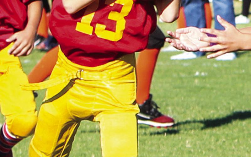 Tucker Siemer intercepted a Bulldog pass during the Titan 3rd/4th Grade loss to Independence, 8-22, Saturday at Titan Stadium. Photo by Kristin Sharp.