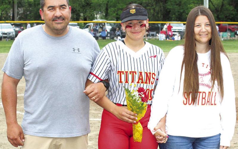 Lady Titan Senior, Jailyn Rodriguez was recognized during Senior Night Ceremonies, Friday, at Rockette Field. Jailyn played softball three years after losing her freshman season to the Covid lock down. She was escorted by her parents, Kevin and Amanda Rodriguez.