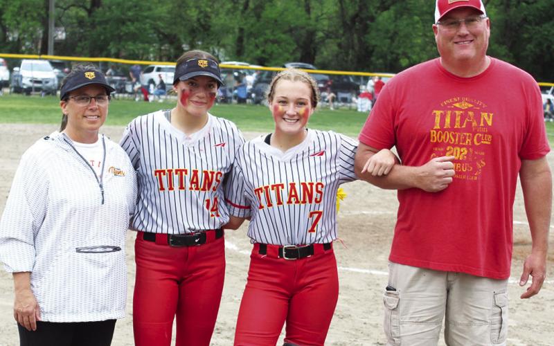 Lady Titan Seniors, Aubree Saporito and Addison Saporito, were recognized during Senior Night Ceremonies, Friday, at Rockette Field. The senior duo have played three seasons for their mother, Lady Titan Head Coach Aimee Saporito, missing their freshman year due to Covid. They were escorted by their parents, Aimee and Chad Saporito.