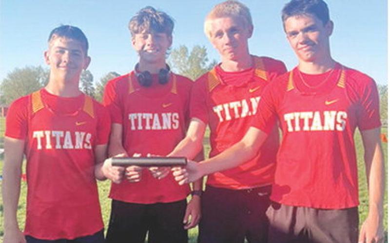 A new mark was set by the eighth grade 4x400 Meter Relay Team at their home meet Monday. Blaze Bowman, Cord Saporito, Elijah Shoemaker, and Hayden Kellogg, improved on their previous record with a new time of 3:57.44 minutes.